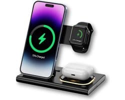 Dutch Quality® 3-in-1 Draadloze Oplader – 15W – Oplaadstation – Geschikt voor smartphones, Apple Watch en AirPods - snellader geschikt voor Qi - met nachtlampje - zonder adapter