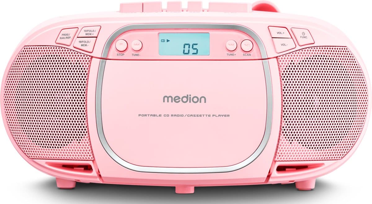 MEDION E66476 Stereo Geluidssysteem (boombox, CD-speler, MP3, cassette, draagbare cassettespeler voor kinderen, FM-radio, AUX, hoofdtelefoon, netvoeding & batterij) Roze — afbeelding 1