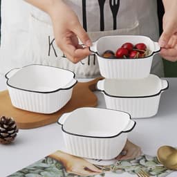 4 Stuks Witte Geribbelde Keramische Ovenschaal Met Oren - Geschikt voor Oven, Airfryer & Magnetron, Vierkante Bakvorm voor Lasagne & Ovengerechten — thumbnail 4