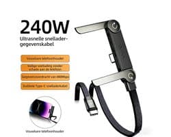 Type-C naar Type-C gebogen oplaadkabel met gamehouder, 240W, 1,5m, geschikt voor iPhone 15-17, Huawei, Samsung- Beeldscherm Display Monitor PC Kabel - O.a compatibel met laptop, PC & Macbook