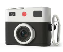 Zwart wit hoesje voor oordopjes unisex in retro camera vorm met karabijnhaak geschikt voor AirPods 4 met reliëf details en compact ontwerp — thumbnail 1