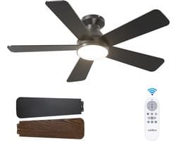 5 Blad Plafondventilator | Met Afstandsbediening | 6 Standen | Geheugenfunctie | Zwart/Bruin | Ventilator | 132 cm | Dimbaar | Woonkamerlamp | Moderne lamp