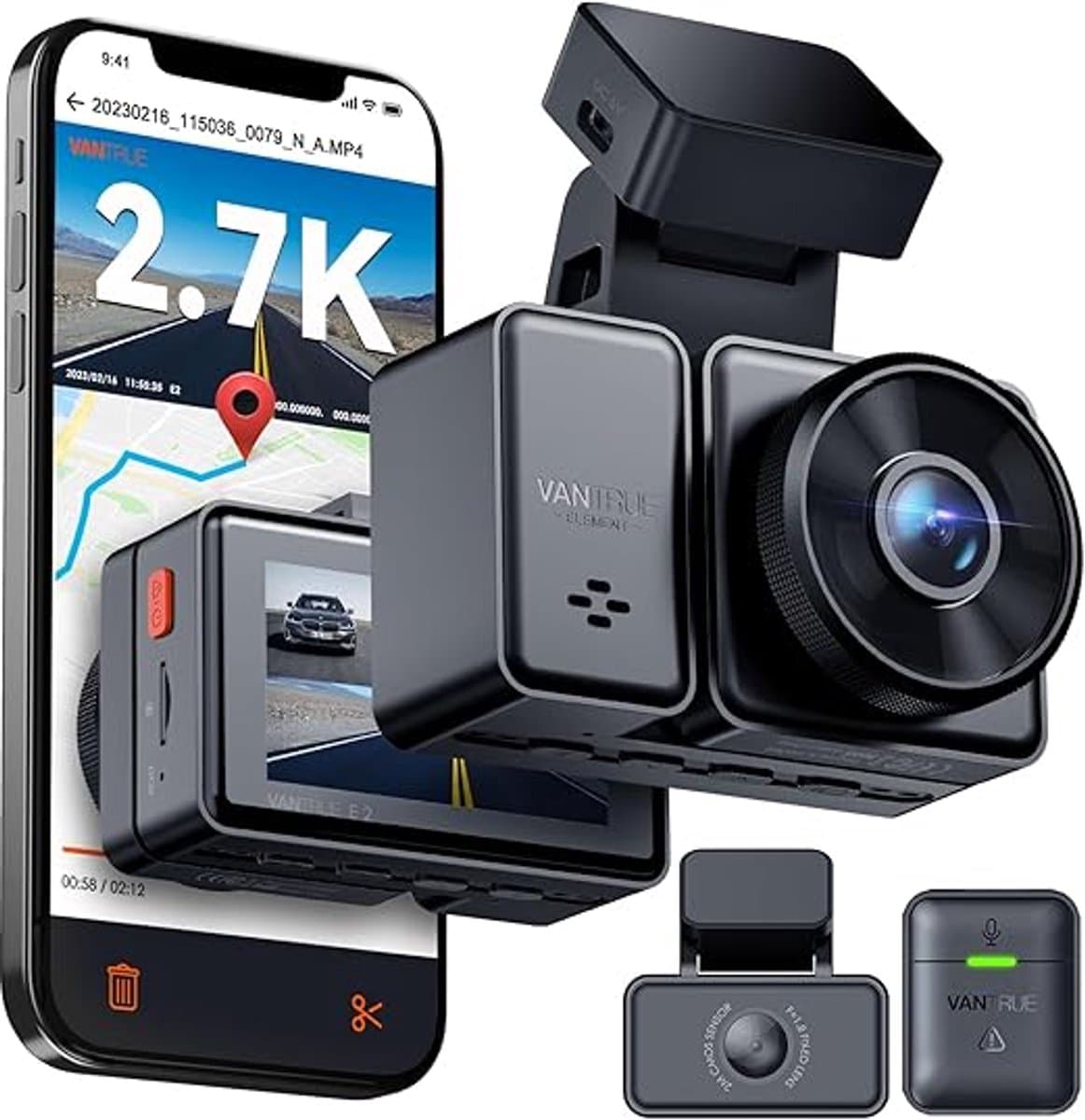 VANTRUE E2 1944P+1944P Dashcam Auto 5GHz WiFi GPS, Draadloze en Spraakgestuurde Dashcam Voor Achter, WDR-nachtzicht, Buffer Parkeermodus Autocamera, 2,45 Inch Lusopname G-sensor, Max. 512GB — afbeelding 1
