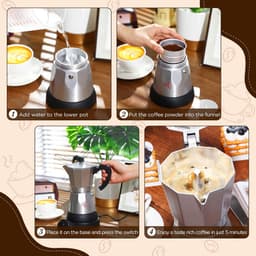 6-Kops Elektrische Italiaanse Moka-Machine 300ml - Draagbare Aluminium Espressomachine met Afneembaar Onderstel - Aluminiumkleur — thumbnail 3