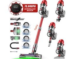 Fukstern Steelstofzuiger Draadloos – 75KPa Krachtige Zuigkracht – Tot 60 Min Accuduur – 3 Zuigstanden - Anti-Klit Vloerborstel – 7-voudig HEPA-Filtersysteem – 2L Stofreservoir – Groen Licht & Hygiënische Reiniging – rood