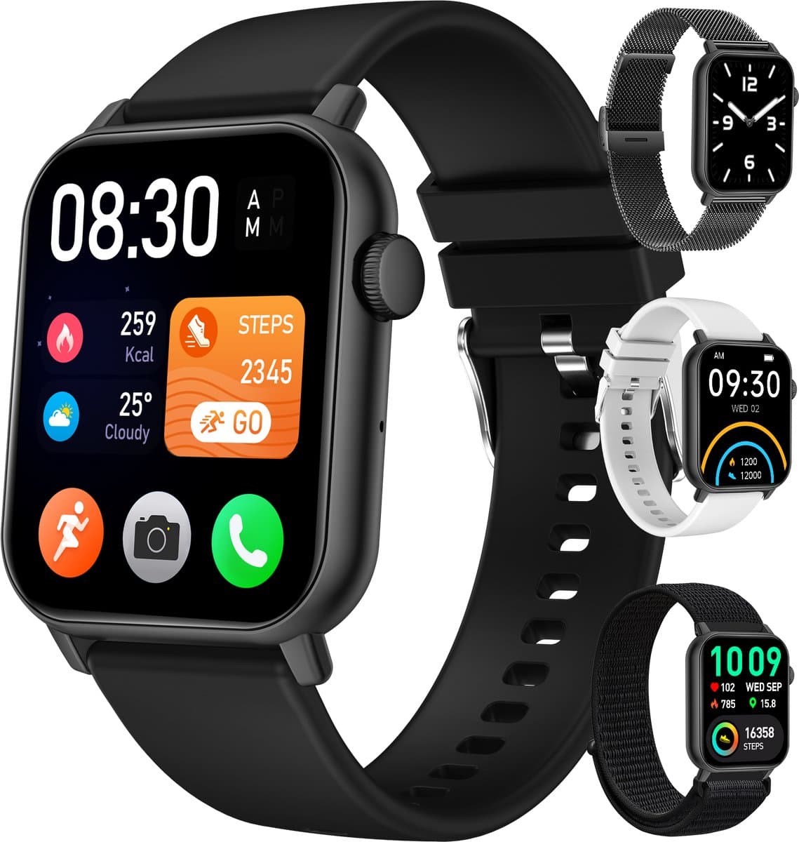 Siltcon® Smartwatch Heren Pro - Smartwatch Dames Pro - Sporthorloge Dames & Heren - Stappenteller Horloge - Hartslagmeter – Bloeddrukmeter - Slaapmonitor - Saturatiemeter – Belfunctie - Elke Smartphone - RVS - Elke pols - Incl. 4 Bandjes — afbeelding 1