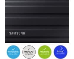 Samsung Portable T7 Shield - Externe SSD - USB C 3.2 - Inclusief USB C en USB A kabel - Geschikt voor iPhone USB C - 2 TB - Zwart