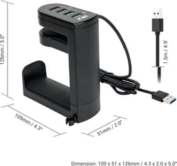 Universele Koptelefoonhouder met USB Hub en Kabelclip - 360° Draaibaar Bureau Organizer — thumbnail 5