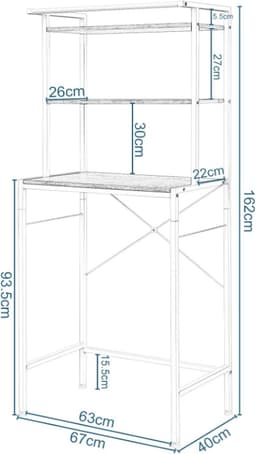 Wasmachinerek, wc-rek voor boven wasmachine, toilet, wasmachinekast, bovenbouwkast, toiletkast, 3 planken, handdoekhouder, metaal hout, 67 x 162 x 40 cm, wit — thumbnail 3