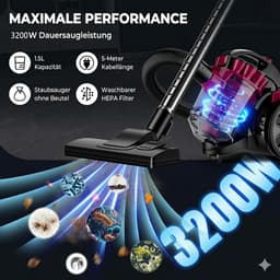 Zakloze Cycloon Stofzuiger - 3200W Hoge Zuigkracht - 1,5L Stofreservoir - incl. Extra Mondstukken - 99.9% Stofopname - voor Harde Vloeren en Tapijt — thumbnail 2