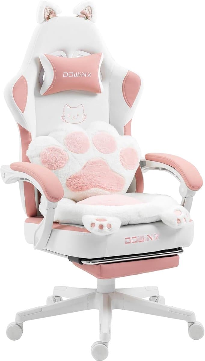 Dowinx Gamingstoel – Ergonomisch – Stoff – Roze – Kattenpoot-design – Met voetsteun – Verstelbaar – PC/Gamer stoel voor volwassenen — afbeelding 1