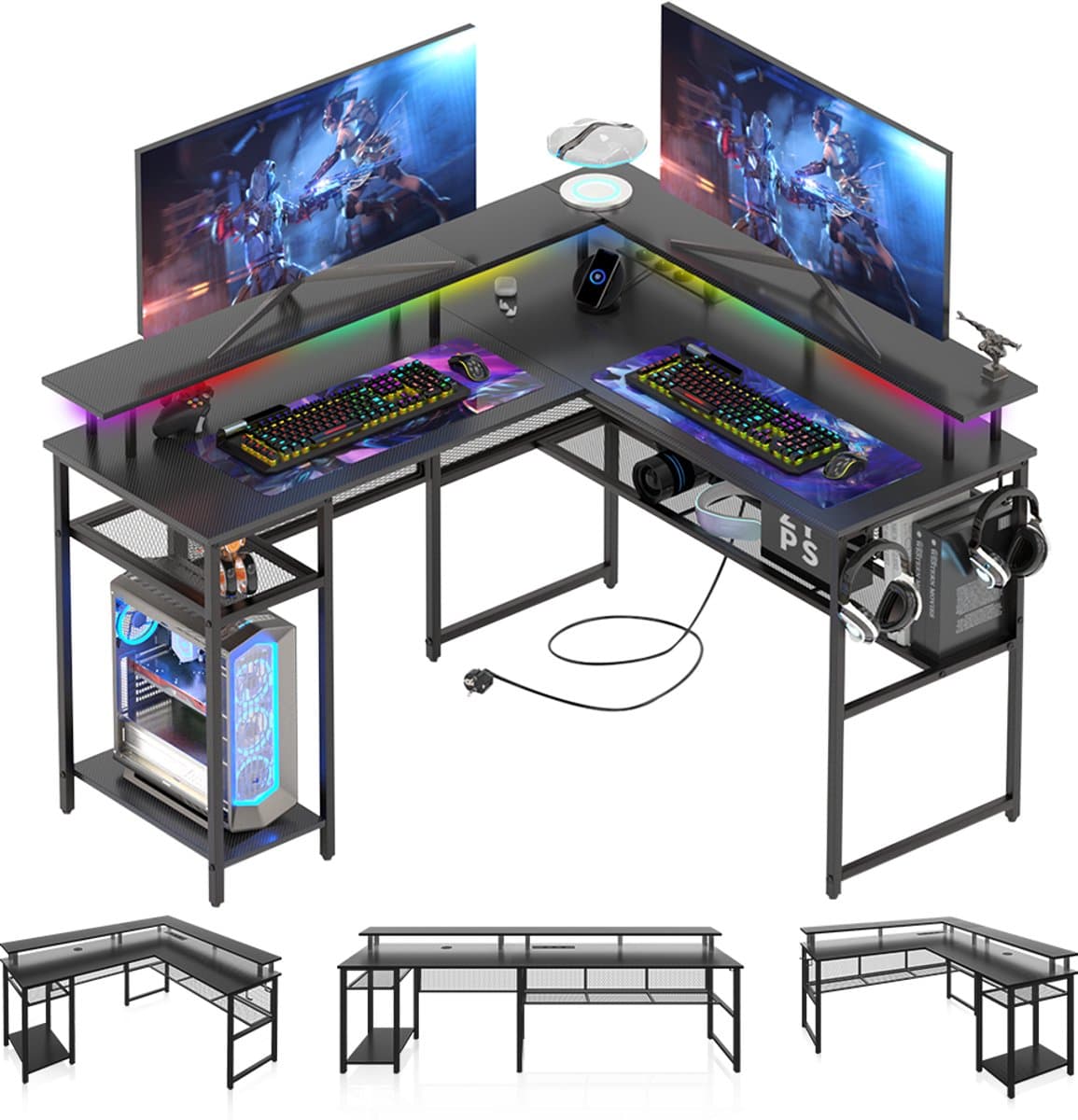Gaming Bureau met LED Verlichting - 136x118x88 cm - L-Vormig Hoekbureau met Stopcontact - Stopcontact - Gaming Desk - Computer Tafel - Gaming Tafel - Zwart Bureau voor Gamen, Studeren en Werken — afbeelding 1