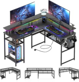 Gaming Bureau met LED Verlichting - 136x118x88 cm - L-Vormig Hoekbureau met Stopcontact - Stopcontact - Gaming Desk - Computer Tafel - Gaming Tafel - Zwart Bureau voor Gamen, Studeren en Werken — thumbnail 1