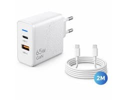 Gmedia USB-C Oplader 65W - inclusief 2 meter USB-C naar USB-C 60W – 2-Poorts Snellader met USB-C PD & USB-A QC 3.0 – Krachtige Universele Adapter voor Telefoon, Tablet & Laptop - Wit