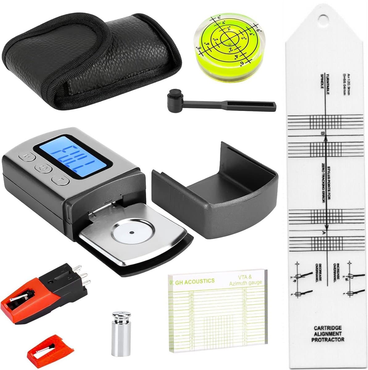 6-delige Platenspeler Afstel Set - Met Digitale Naalddrukmeter, VTA Azimuth Liniaal & Cartridge Protractor - Inclusief Reserve Naald & Borstel - Vinyl Accessoires — afbeelding 1