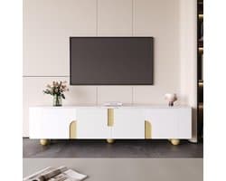 TV Kast 180 cm Wit met 4 Deuren en Houten Poten - Modern Entertainment Meubel