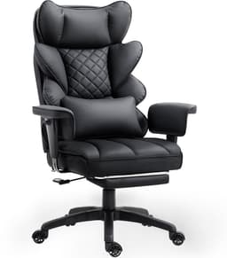 Dowinx Ergonomische Bureaustoel / Gamingstoel – Pocketveren Zitkussen – Dubbel gevoerde Rugleuning & Verstelbaar Lendenkussen – Met Armleuningen en Voetensteun – PU-leer – Zwart — thumbnail 1