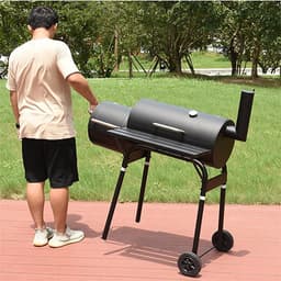Grote Houtskool Barbecue met Roker – 2-in-1 BBQ & Smoker-grill – Met Deksel, Thermometer, Zijplank & Wielen – Vatmodel –barbecue –bbq houtskool – 51802 — thumbnail 5