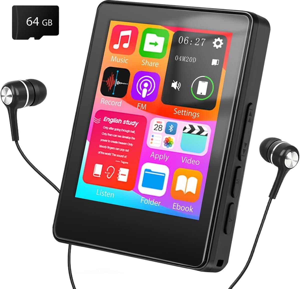 64GB MP3 Speler met Bluetooth 5.3 - 2.4 Inch Full Touchscreen - HiFi Geluid - FM Radio en Recorder - One-Tap Mute Toets - Uitbreidbaar tot 512GB - Inclusief Bedrade Headset — afbeelding 1