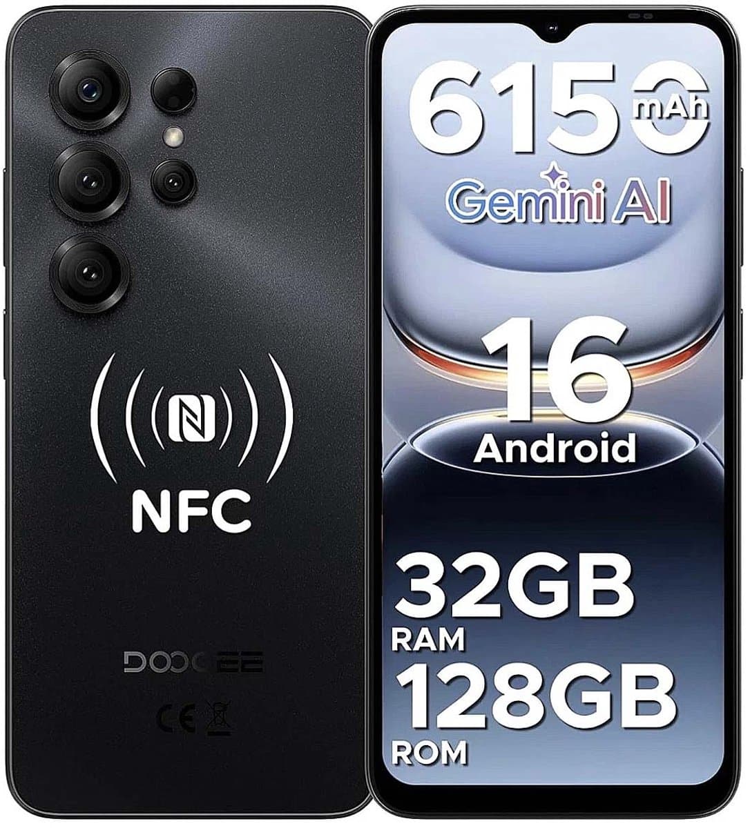 DOOGEE NOTE 56X PRO Smartphone - 32 GB RAM - 128 GB ROM - 4G Dual SIM - 6150 mAh - 6,56 inch - Anroid16 - GPS - NFC - Widevine L1 - Face ID - Zwart — afbeelding 1