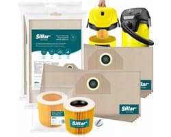 Sillar 10x Stofzuigerzakken papieren + 1x stofzuigerfilter versterkt met gaas - met bevestigingsplug - set voor stofzuigers - compatibel met Karcher serie A K MV NT WD SE - vervangers