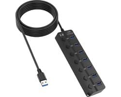 7-poorts USB-hub met voeding met onafhankelijke schakelaars en LED's, USB 3.0 2.0-hub voor pc, laptop, Mac, Windows, Linux, kabel van 1,2 m