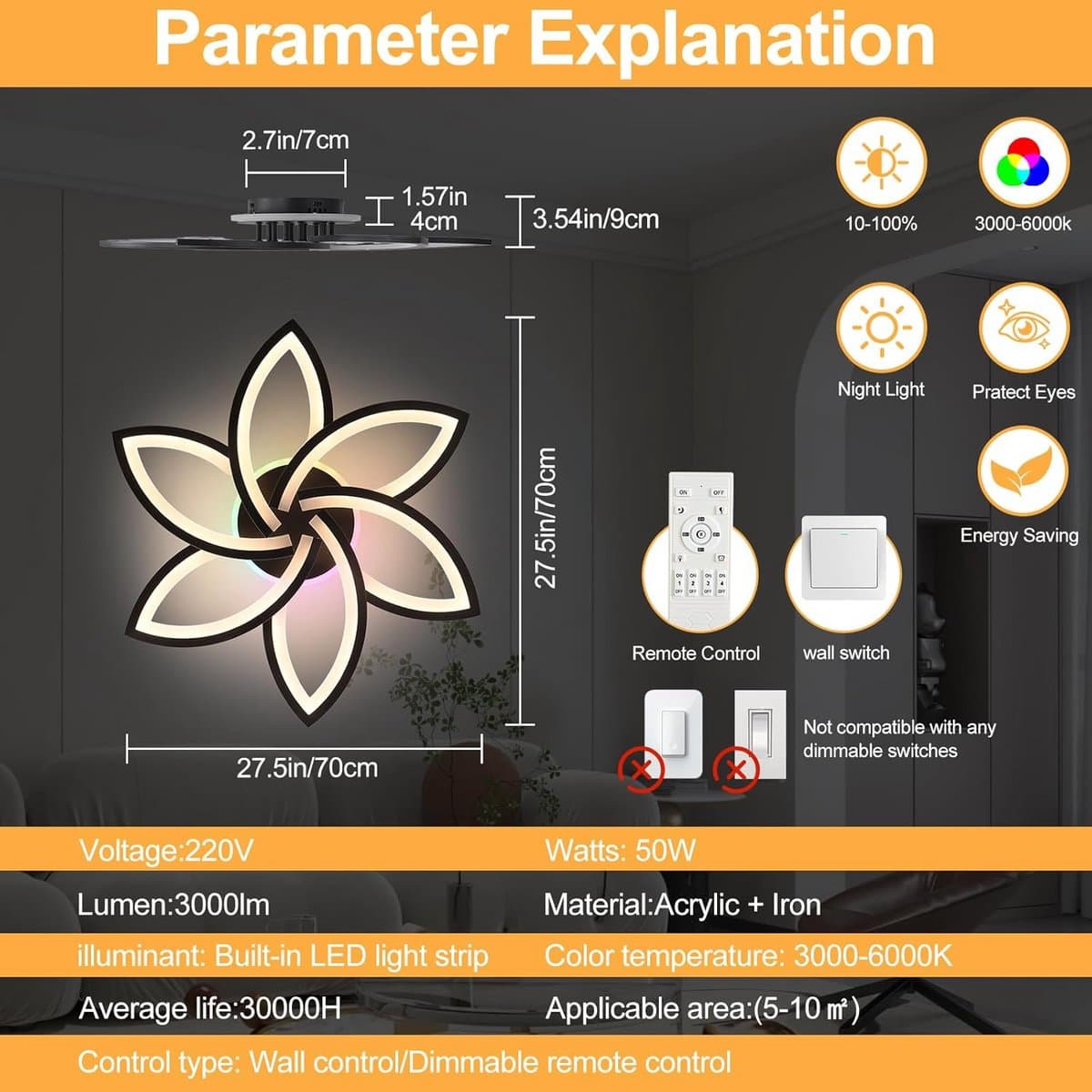 Moderne Zwarte Plafondlamp LED 50W - Dimbaar 3000K-6000K & RGB Kleuren - 3000lm - Inclusief Afstandsbediening — afbeelding 1