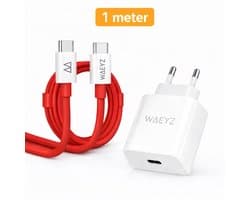 USB-C Adapter 20 Watt Oplader + 1 Meter 60W USB-C Naar USB-C Kabel Extra Dik Oplaadsnoer Snellader Power Delivery (PD) Snellader / Fast Charger / Chargeur Rapide SET - Universeel - Rood