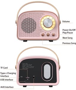 JeiibrZui Retro Bluetooth-luidspreker - Vintage Draagbare Draadloze Luidspreker - Draadloos/Bluetooth 5.0/TF Kaart/AUX - 1 Stuk - Roze — thumbnail 4