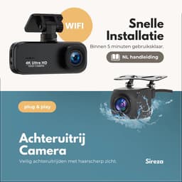 Sireza® D3 - Dashcam - Dashcam Voor Auto - Dual Dashcam - Ultra 4K & UHD - Voor en Achter Camera - WiFi - 2 inch met App - GPS live locatie + snelheid - 64GB SD Kaart - Loop Opname - G Sensor -mini koevoet - NL/FR/ENG Handleiding + NL Systeem — thumbnail 4