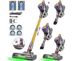 Fukstern Steelstofzuiger Draadloos – 38KPa Krachtige Zuigkracht – Tot 60 Min Accuduur – Anti-Klit Vloerborstel – 4-voudig HEPA-Filtersysteem – 1,6L Stofreservoir – Groen licht & krachtige reiniging – goudkleurig