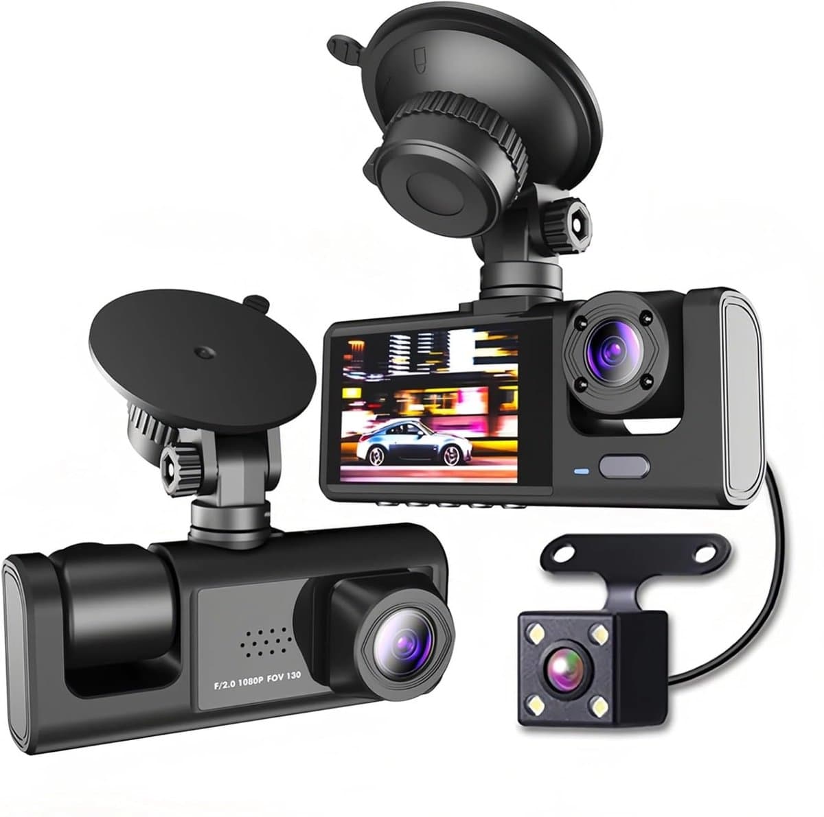 1080P high-definition dashcam, driewegcamera, groothoeklens, binnen- en buitenopname met beeld-in-beeld, eenvoudige installatie — afbeelding 1