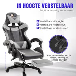 GOTAGEE Gamingstoel Bureaustoel Ergonomische Gamestoel Met Lendensteun un voetpedalen Hoogte en Ligfunctie Zwart-Grijs — thumbnail 5