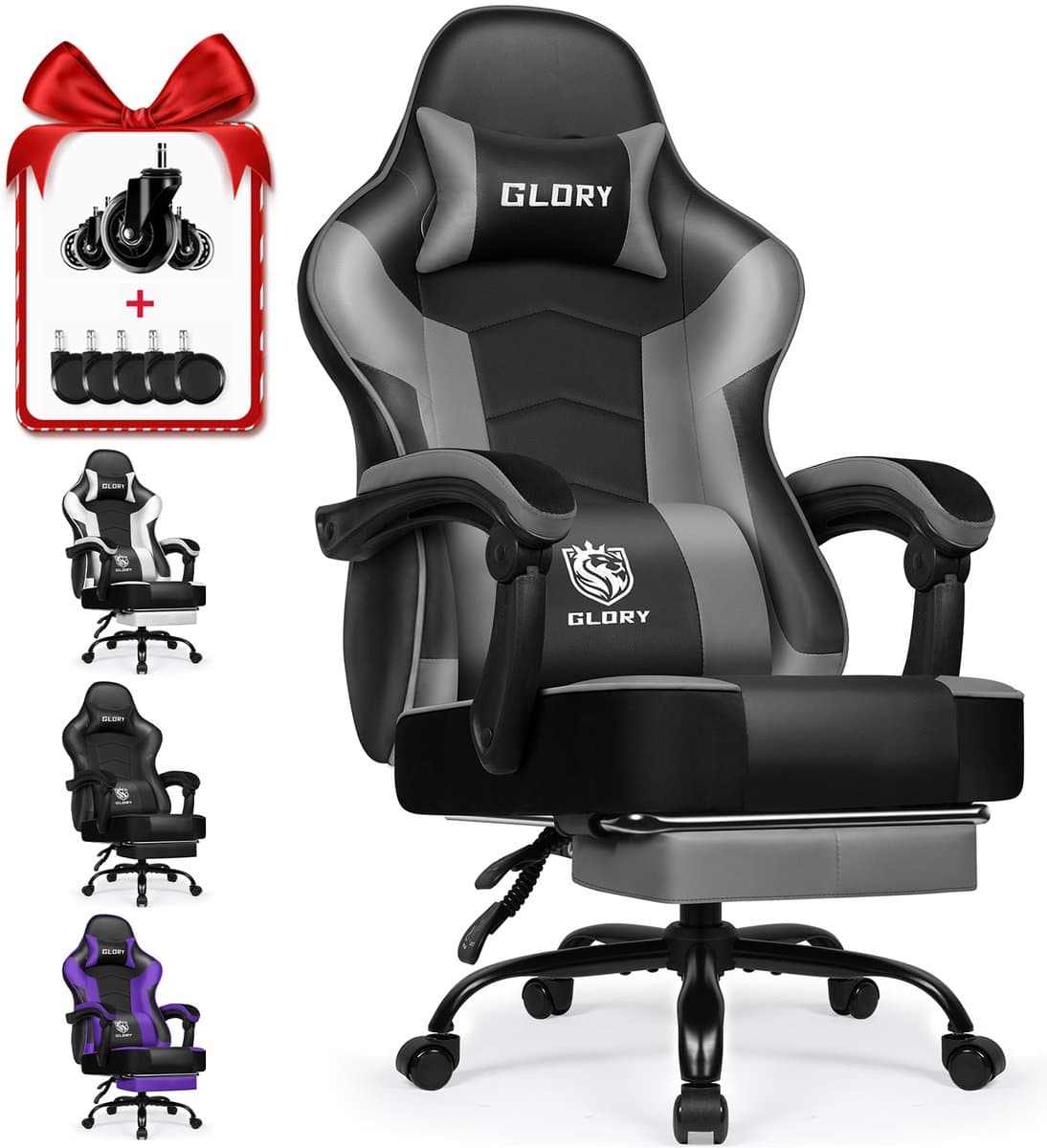 Hiaonyx Gaming Stoel - 170° Verstelbare Rugleuning - Gaming Stoel met inklapbare Voetsteun - racerstijl - Geïntegreerde Armleuningen - Maximale Belastbaarheid 150kg - met stille wielen - Zwart Grijs — afbeelding 1