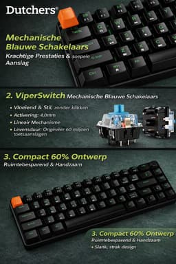 Dutchers.® Gaming Keyboard 60% - Mechanisch Toetsenbord - Draadloos & Bedraad - 60 Procent - 2,4 GHz/Type-C/BT5.0 - Usb/Bluetooth - QWERTY - Compact – Bluetooth / 2.4G / USB-C – 2000mAh Accu – Zwart — thumbnail 3