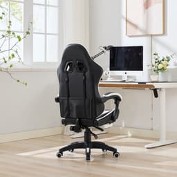 Ergonomische Bureaustoel/Gamingstoel – Verstelbare Rugleuning – 360° Draaibaar - Met Armleuningen En Voetsteun - Hoofdsteun & Lendensteun - zwart, wit — thumbnail 3