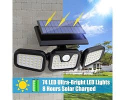 Solar buitenverlichting, 3 verstelbare koppen, 74 LED's, beveiligingsverlichting met bewegingssensor, 270° brede stralingshoek, IP65 waterdicht voor tuin, terras, erf, veranda, garage en pad - Verlichting met bewegingssensor