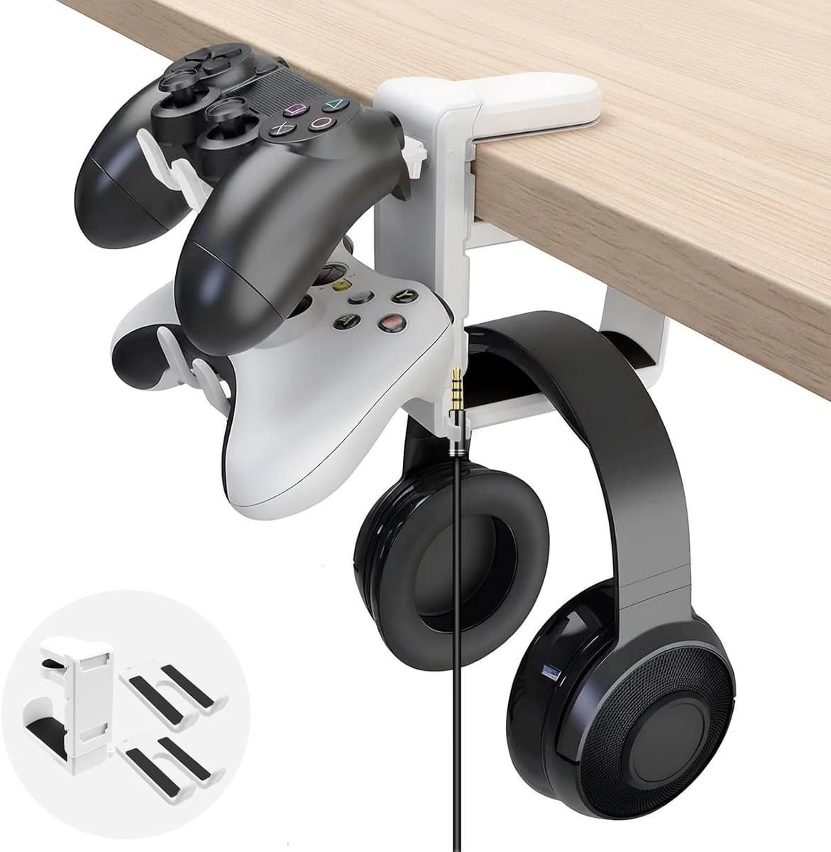Hoofdtelefoonstandaard met Controllerhouder en Kabelorganizer voor Gaming - 360° Draaibare Headsethouder - Universele Standaard (Wit) — afbeelding 1