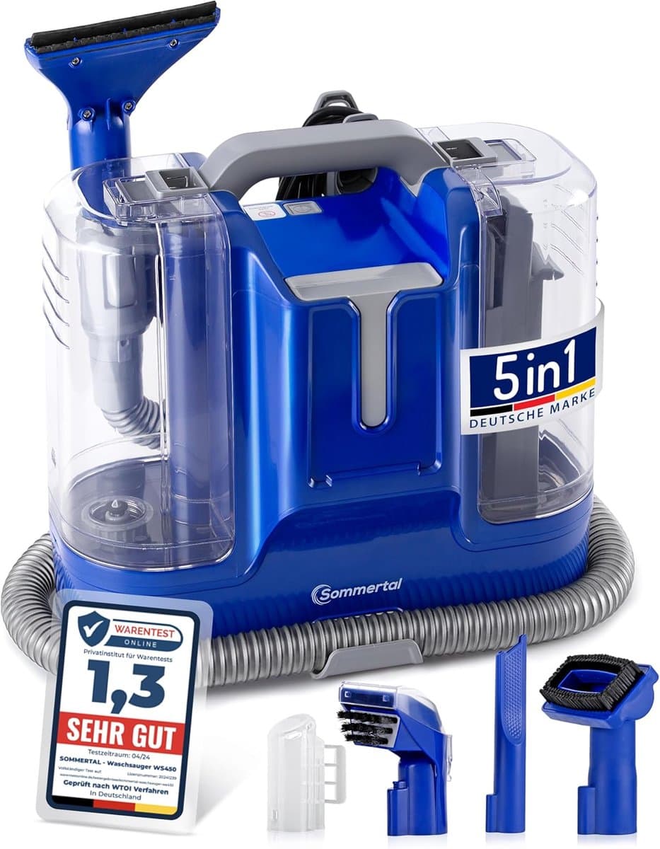 Sommertal MultiCleaner WS450 5in1 Apparaat voor Tapijt, Trap, Bekleding, Bank, Auto, Dieren, Vlekken, krachtige 450w Motor, Wasstofzuiger, met accessoires, Zelfreinigend — afbeelding 1