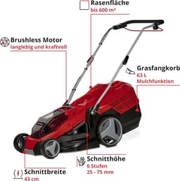 Accu Grasmaaier - Draadloze Grasmaaier - Gazon Onderhoud - 6-Traps Maaihoogte - 43 Cm Maaibreedte - Rood Zwart — thumbnail 2