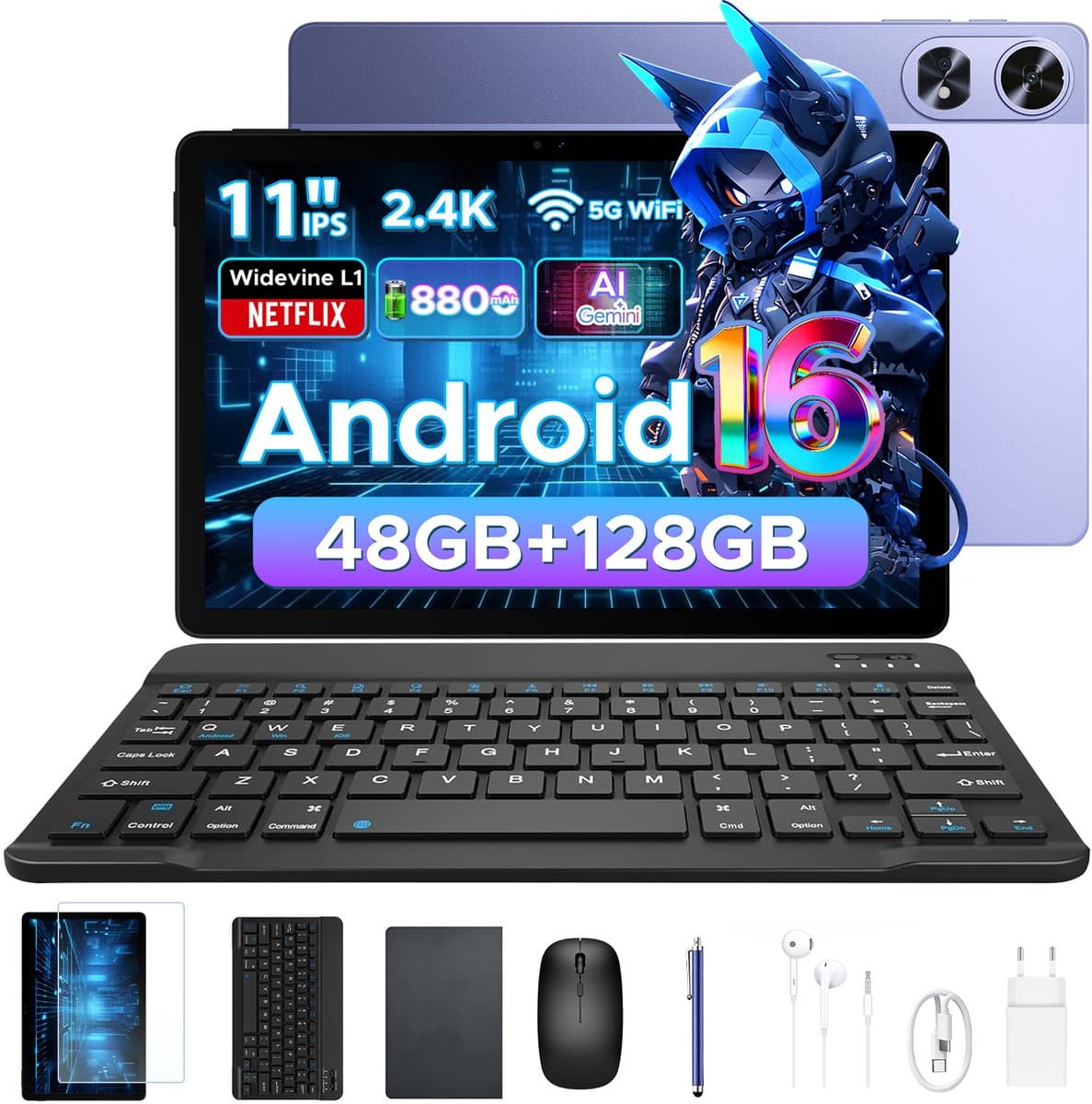 Aorlym P11 Pro - Tablet - 48 GB RAM (8+40 GB) + 128 GB ROM (2 TB/TF) - 11 inch FHD+ 90 Hz - Android 16 - 8800 mAh/18 W - T7250 - Dubbele luidsprekers - Gemini AI - Face ID - Widevine L1 - Complete accessoirebundel met toetsenbord en stylus - Paars — afbeelding 1