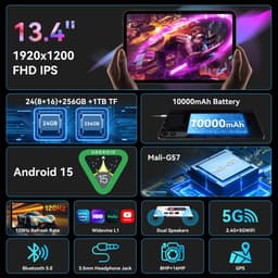 TABWEE Tablet - T60 Pro Tablet - 10000 mAh - 13.4 Inch FHD - met over-ear hoofdtelefoon - 24GB RAM - 256GB ROM - Android 15 Tablet - SD 2TB - 5G WIFI - Grijs — thumbnail 4