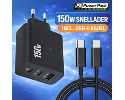 150W Super Fast Charger met USB-C kabel -FS Power Pack 150W USB-C Snellader – 3 Poorten (2x Type-C + USB-A) – PD 3.0 & QC 3.0 – EU Stekker – Zwart-USB-C Kabel