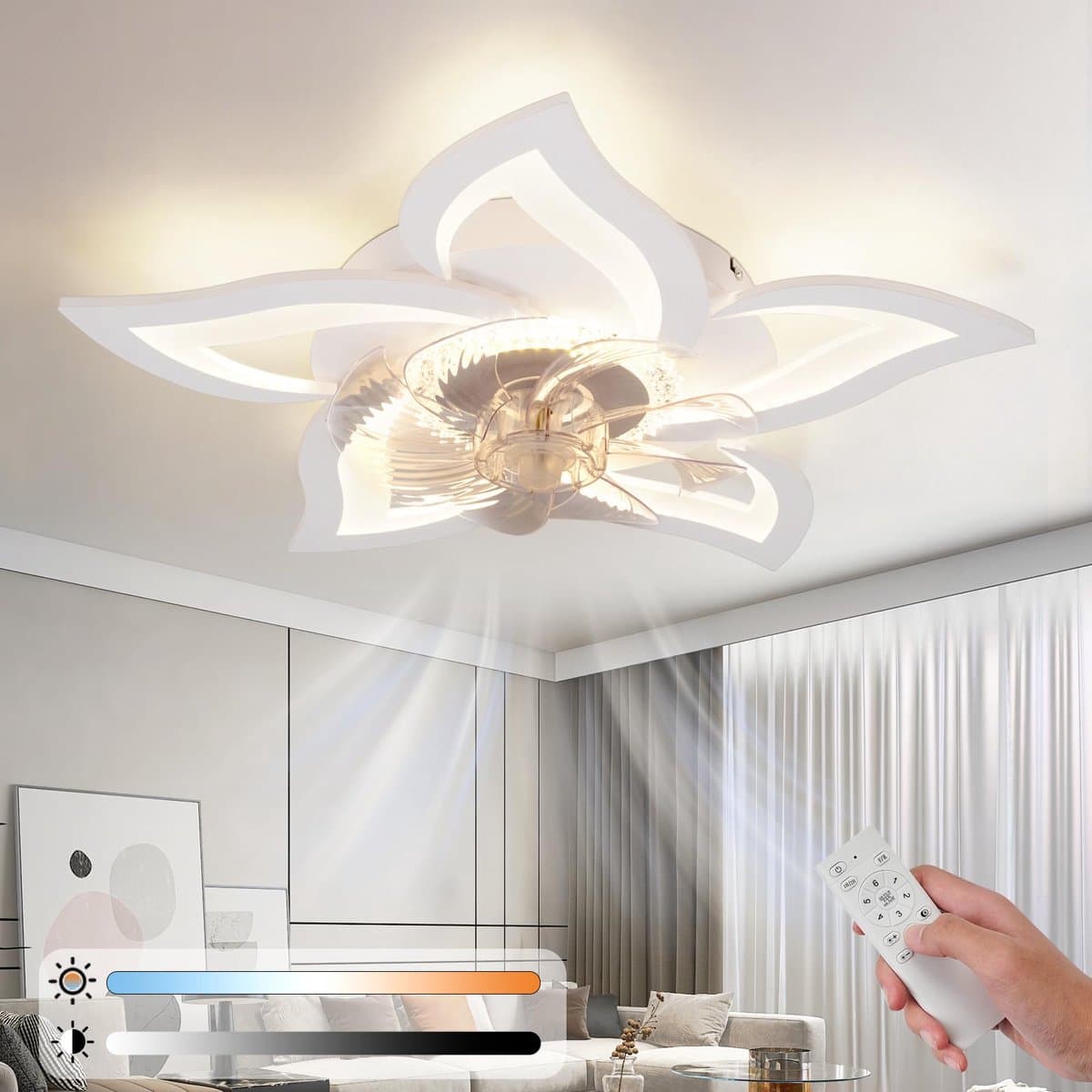 Glitzerlife - Plafond ventilator met verlichting Plafondlamp - Dimbare LED Stille plafondventilator - Afstandsbediening 6 Snelheden Timer Nachtmodus - Modern Acryl ABS - Ø62cm - Wit — afbeelding 1