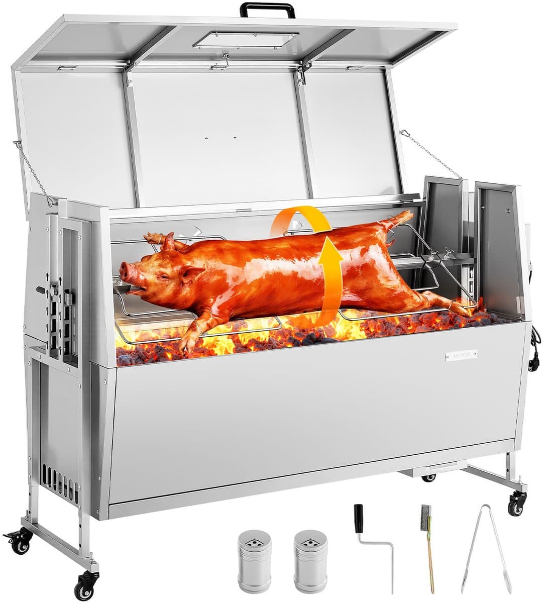 VEVOR Rotisserie Grill 38W Speenvarken Grill Lam Grill Houtskool Grill (132 cm Grilllengte) met 60 Kg Draagvermogen & Wielen & 4-Voudige Hoogteverstelling & Deksel, Roestvrijstalen Elektrische Grillset Voor Kamperen — afbeelding 1