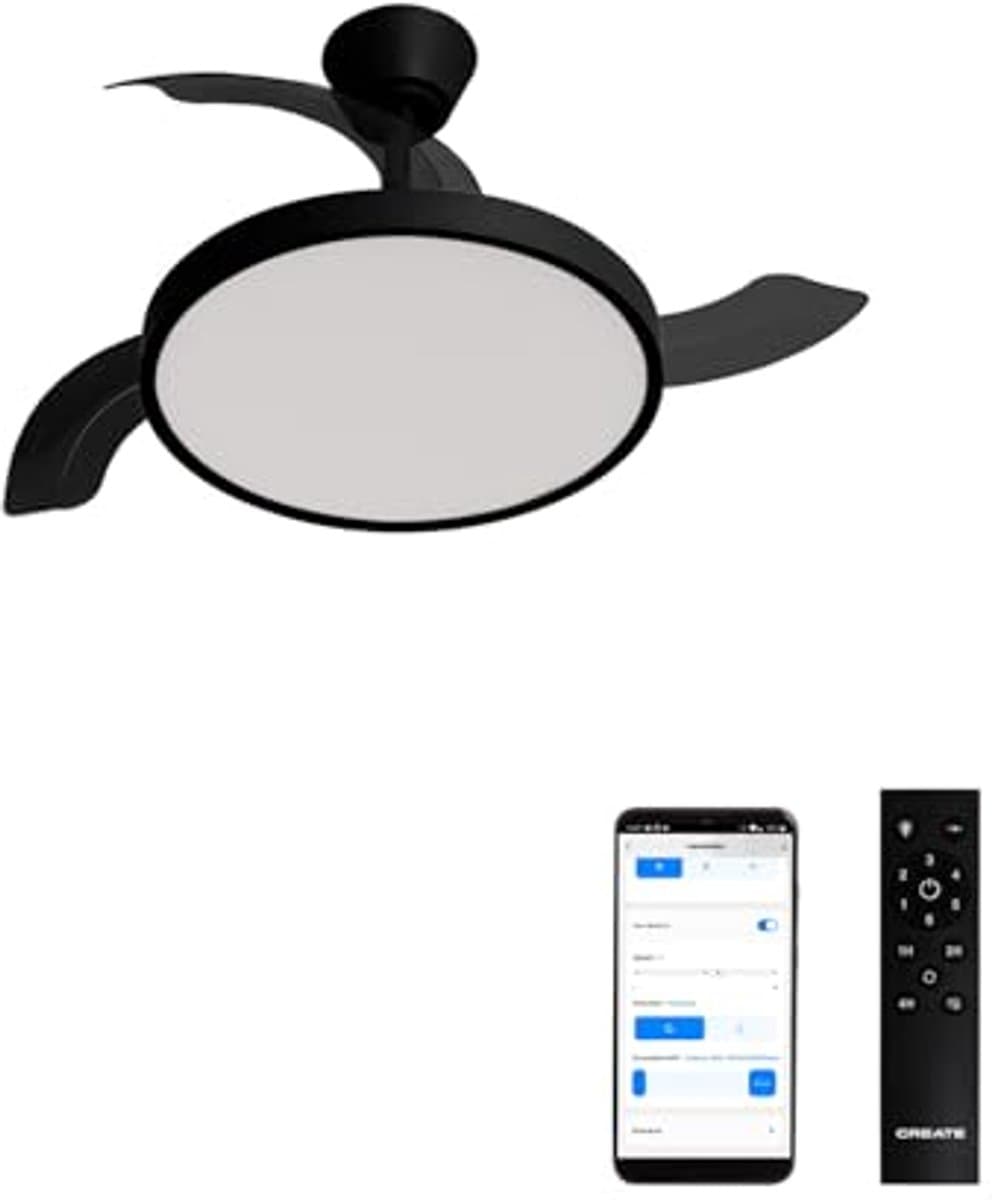 CREATE Wind Clear Plafondventilator, S, zwart, met licht, afstandsbediening en wifi, 40 W, Ø 91 cm, timer, 6 snelheden, intrekbare bladen, 3 lichttemperaturen, zomer- en winterfunctie — afbeelding 1