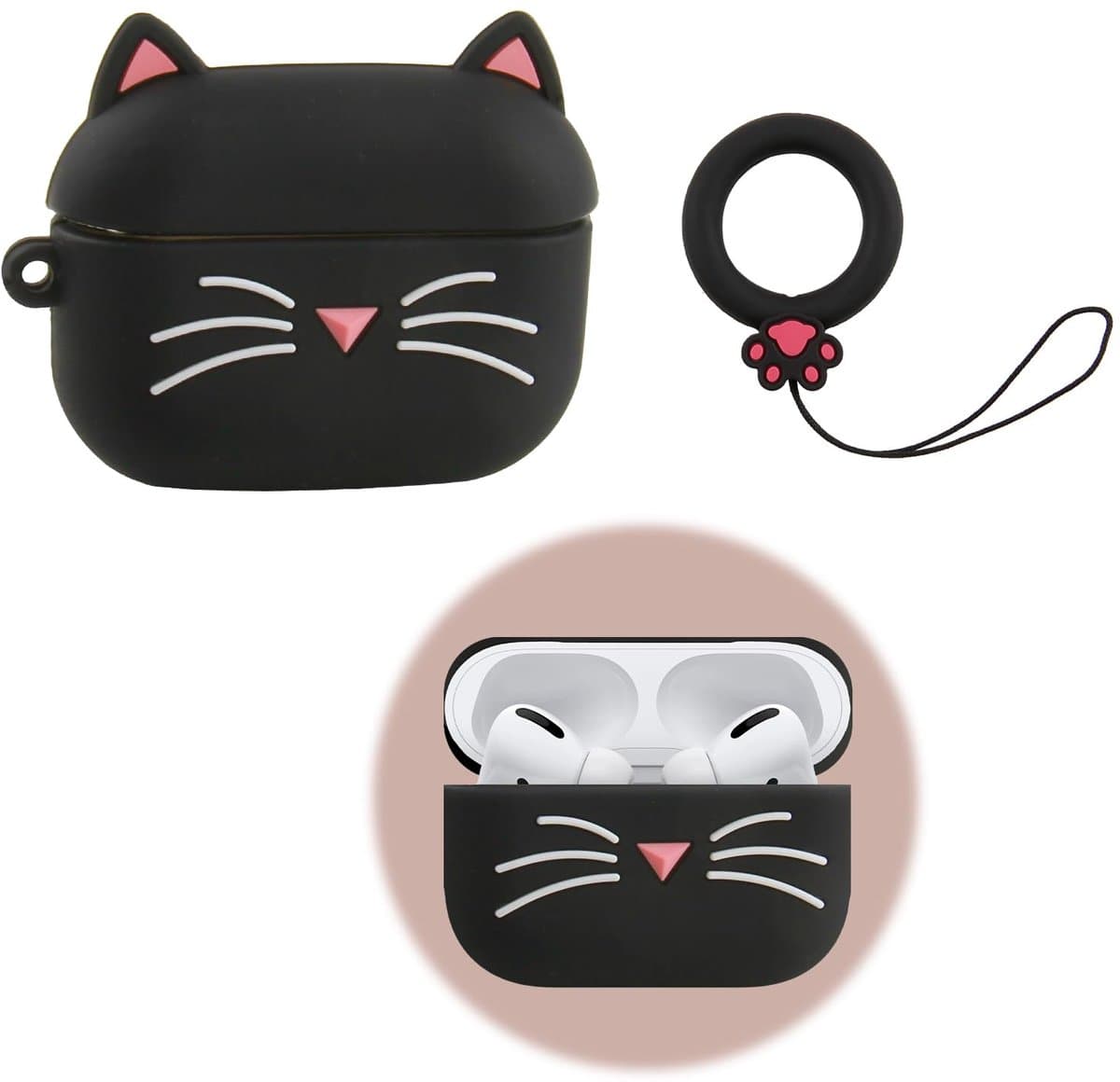 Cute Case Compatible with Airpods Pro 2, Black Whisker Cat Design, Soft Shockproof Silicone Case with Carabiner Compatible with Airpods Pro 1 and 2, Funny 3D Design — afbeelding 1