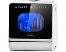 AIRMSEN Mini Vaatwasser - Met Waterontharder & Watertank 5L - 4 Couverts - Wit/Zwart