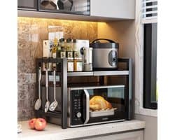 CHIWIN Magnetron Rek Zwart Uitschuifbaar 40-64cm - Keuken Magnetronkast met 6 Haken - Opbergrek voor Magnetron Verstelbare Hoogte 32/42cm - Koolstofstaal - 30kg Draagvermogen - voor Magnetrons, Airfryers, Oven