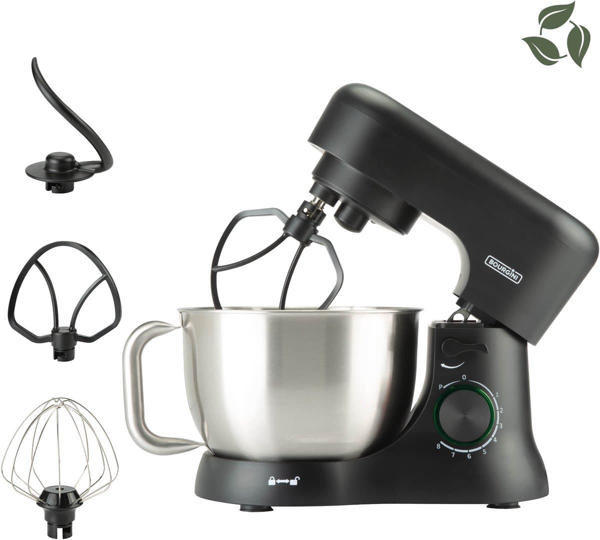 Bourgini Elements Keukenmachine – 1000W – 4,5L Mengkom – 8 Snelheden – Pulsfunctie – 3 Vaatwasserbestendige Accessoires – GRS gecertificeerd gerecyclede materialen — afbeelding 1